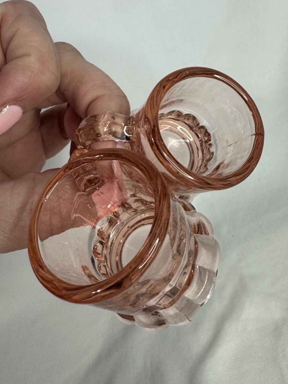 Vintage Pink Depression Glass Mini Mug Shot Glass Set of 2 | Toothpick Holders - Picture 3 of 7